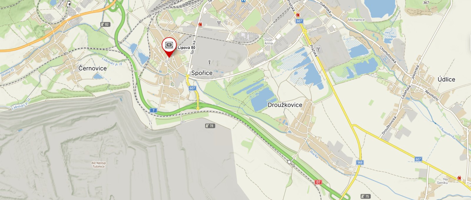 Mapa s vyznačenou provozovnou v Lipové ulici ve Spořicích